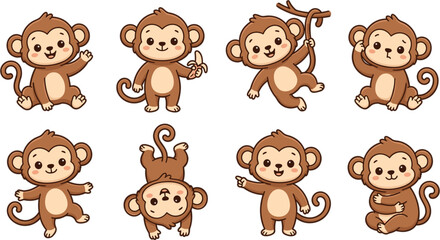 Cute cartoon monkey character vector set featuring playful little apes waving holding banana swinging isolated on white background. © Dulal creation 