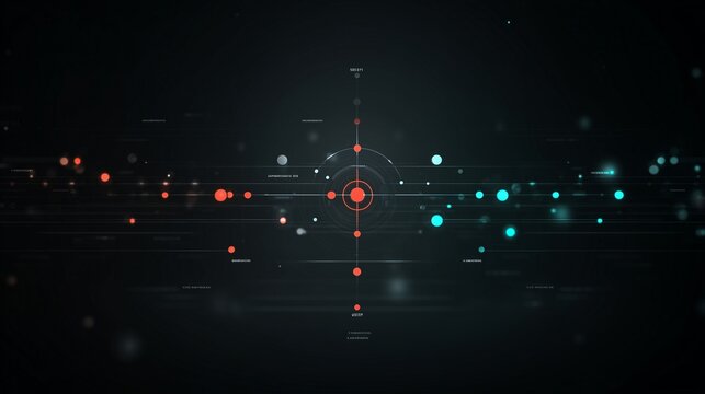 Futuristic network data map with glowing nodes, lines, and central target, symbolizing anomaly detection and digital monitoring.