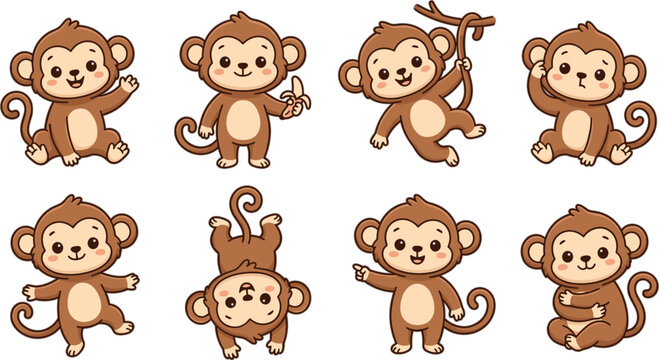 Cute cartoon monkey character vector set featuring playful little apes waving holding banana swinging isolated on white background.