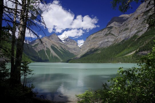 Glacial lake with high mountains in the background, Kenny Lake, Mount Robson, British Columbia, Canada