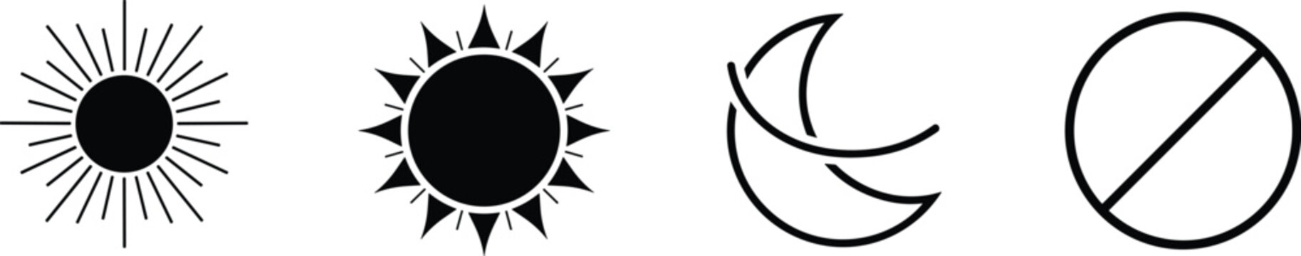 Sun moon prohibition icons outline silhouette design, celestial astronomy restriction symbols, day night cycle set, cosmic energy artwork, flat vector illustration