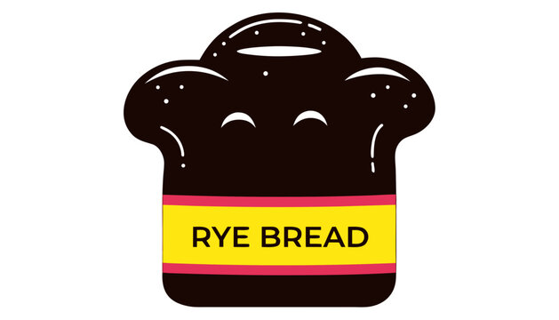 Very beautiful realistic vector of RYE BREAD featuring a rustic dark loaf with textured crust and a colorful label reading "RYE BREAD", isolated on white background.