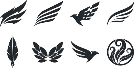 Abstract eagle wing and feather logo collection featuring bird emblems and decorative wing symbols vector illustration set © sumi