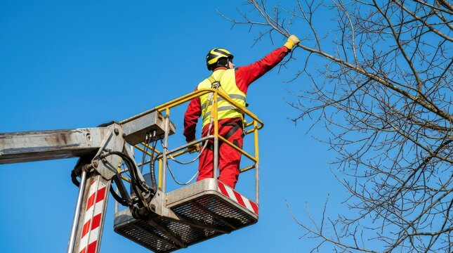 Worker in a cherry picker lift pruning tree branches against blue sky