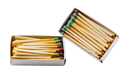 Obraz premium Isolated two open cardboard matchboxes filled with wooden matches with green and red heads