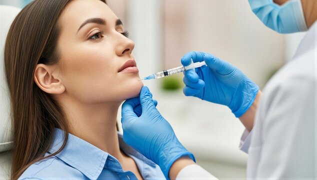 Clinician injects dermal filler into a woman's chin and jawline for facial enhancement, contouring and volume restoration.