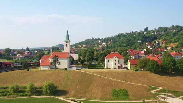 Aerial view of church of Holy Trinity in Sveta Nedelja, Samobor region, Croatia 