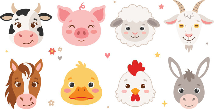 Cute Farm Animal Face Set with Cow, Pig, Sheep, Goat, Horse, Duck, Chicken, and Donkey for Kids Designs