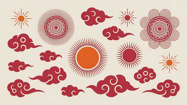 Asian style sun and red clouds vector illustration set