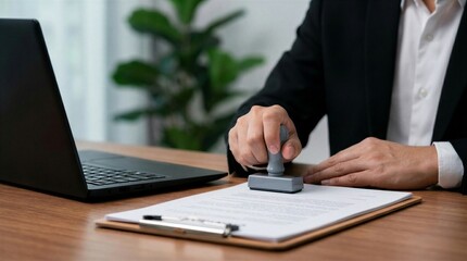 Fototapeta premium Quality assurance auditor certifying official compliance documents using physical ink stamps to authorize legal agreements, validate regulatory approvals, and finalize corporate paperwork, insights fo