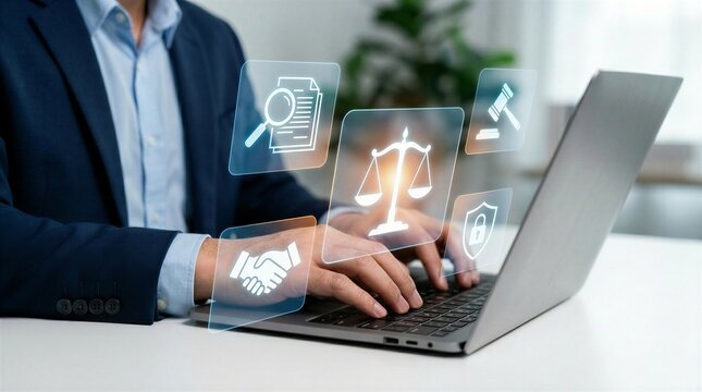 Legal tech compliance attorney reviewing digital smart contracts and cybersecurity legal frameworks to mediate corporate agreements, ensure data protection compliance, and finalize secure digital hand