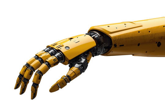 Yellow robotic arm closeup. Bionic hand and prosthetic limb representing artificial intelligence and advanced technology