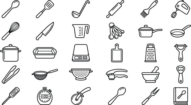 Kitchen utensils and cooking baking tools line icon set featuring mixer whisk knife pan pot scales spoons spatula and culinary equipment vector illustrations.