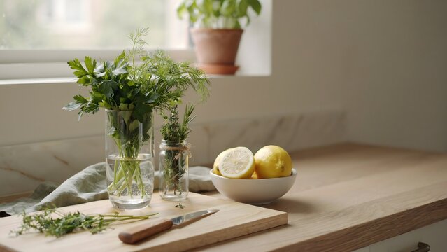 TIPS & TRICKS: Fresh herbs in glass jars with lemons on a rustic wooden kitchen table near a window