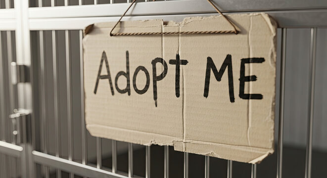 Adopt me sign on shelter cage
