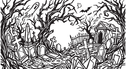 Obraz premium Halloween graveyard line art illustration with tombstones dead trees ghosts and bats for coloring book or spooky background
