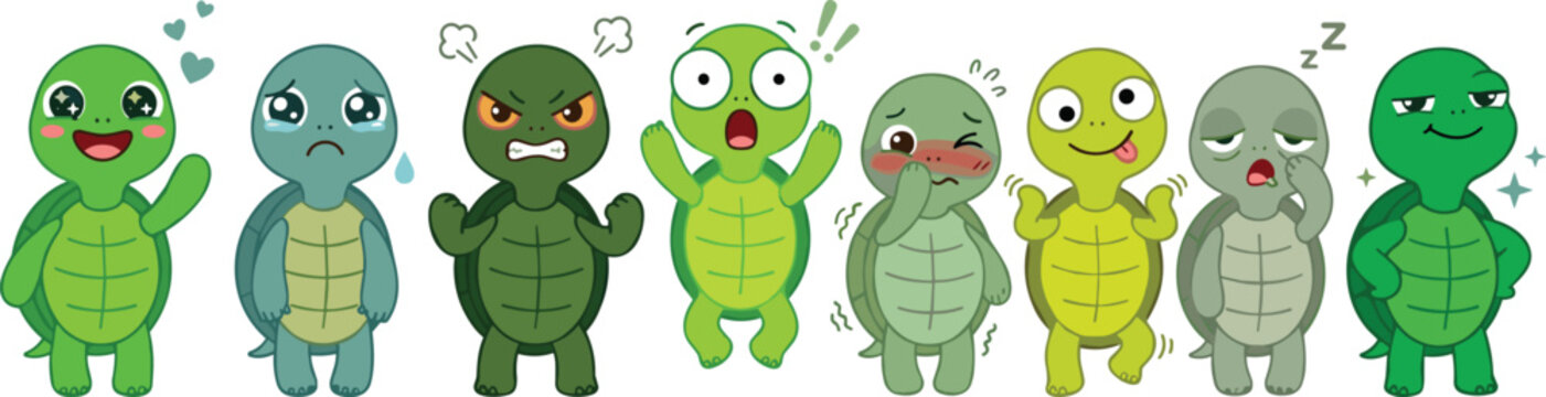 Cute Turtle Cartoon Character Set with Different Facial Expressions Including Happy, Angry, Sad, Sleepy, and Shocked Emotions for Kids Designs