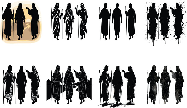 Three disciples walking and talking vector silhouette set depicting road to Emmaus biblical story