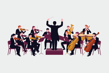 Symphony Orchestra Conductor and Musicians Playing Instruments Vector Illustration © MstAfroza