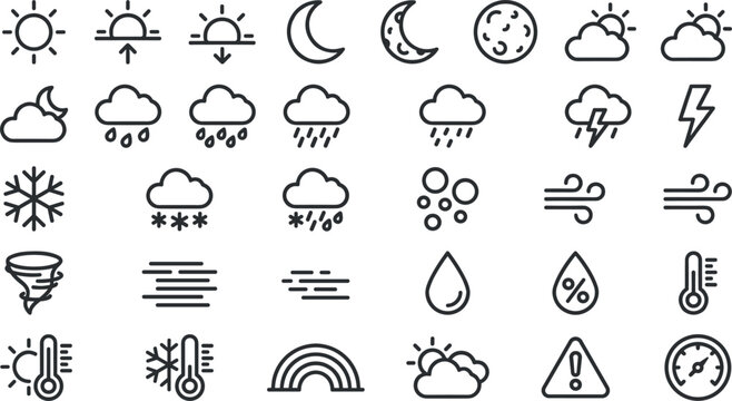 Weather forecast and meteorology thin line icon set featuring sun moon clouds rain thunder lightning snow wind tornado thermometer rainbow and atmospheric climate condition vector illustrations.