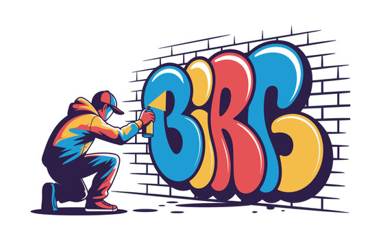 Cartoon Graffiti Artist Spray Painting Colorful BRB Text on Brick Wall