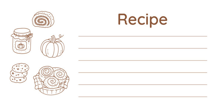 Hand-drawn recipe template with baked goods. Minimal brown line art for menus, cafes, packaging, and branding.