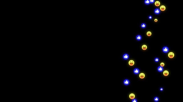 Floating blue thumbs up and yellow laughing face emoji reactions rising on a dark black background representing social media live stream activity