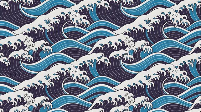Seamless pattern with blue ocean waves in japanese art style