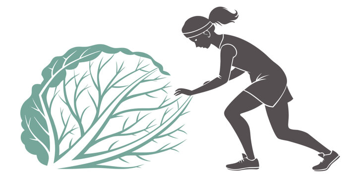 Silhouette graphic of a female athlete touching a large cabbage head with vegetable lifestyle exercise training silhouette illustration wellness