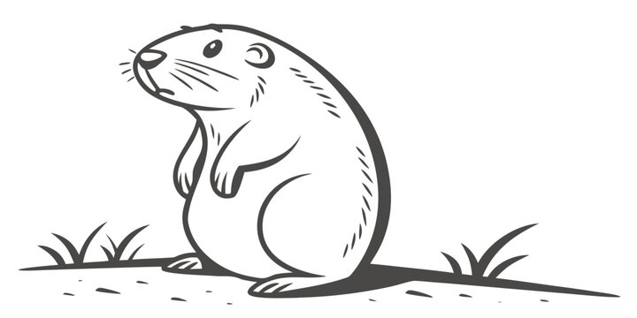 Cute cartoon marmot standing on ground line art character illustration with groundhog wildlife standing character illustration monochrome