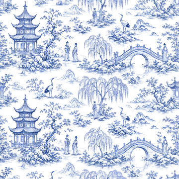 Seamless blue chinoiserie toile pattern with pagodas, arched bridge, cranes, willow trees, mountains, and traditional garden figures on white