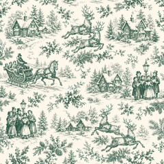 Obraz premium Seamless Christmas toile pattern with reindeer, horse sleigh, carolers, snowy cottages, holly, pine branches, and vintage winter village scenes in green line art