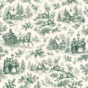Seamless Christmas toile pattern with reindeer, horse sleigh, carolers, snowy cottages, holly, pine branches, and vintage winter village scenes in green line art