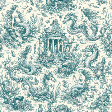 Seamless teal underwater fantasy toile pattern with mermaids, sea dragons, coral, fish, treasure chests, ancient ruins, and mythical ocean scenery