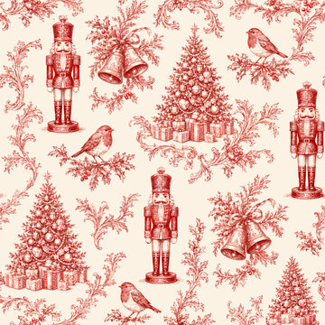 Seamless red Christmas toile pattern with nutcrackers, decorated trees, bells, robins, holly branches, gifts, and festive vintage holiday ornaments