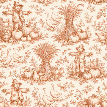 Seamless autumn harvest toile pattern with pumpkins, scarecrows, wheat sheaves, geese, gourds, oak leaves, and rustic farmhouse seasonal details
