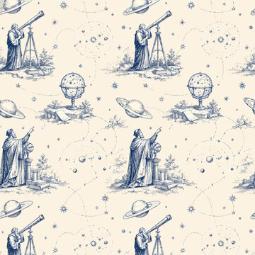 Seamless blue astronomy toile pattern with scholars using telescopes, planets, star charts, celestial globes, orbit diagrams, and antique scientific illustration details