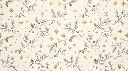 Seamless Scandinavian Christmas pattern featuring hand drawn pine trees in a cozy Nordic folk art style on a dark winter background. Elegant holiday pattern with golden pine trees and delicate © arunika