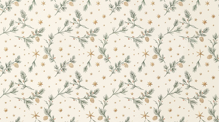 Seamless Scandinavian Christmas pattern featuring hand drawn pine trees in a cozy Nordic folk art style on a dark winter background. Elegant holiday pattern with golden pine trees and delicate © arunika