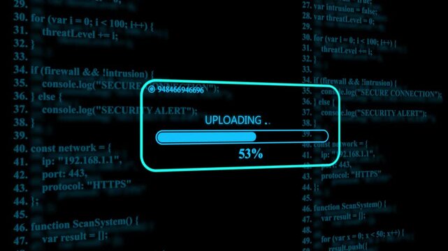Digital blue progress bar showing uploading status with thirty one percent complete over a background of scrolling computer programming code lines