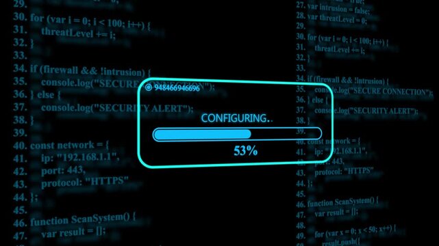 Digital blue progress bar showing configuring status with thirty one percent complete over a background of scrolling computer programming code lines
