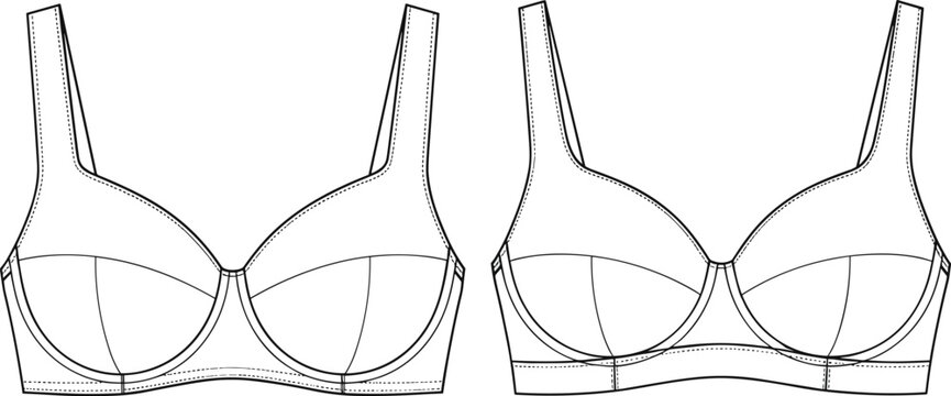 Full coverage underwire bra technical fashion flat sketch cad drawing vector illustration, front and back view lingerie apparel design template