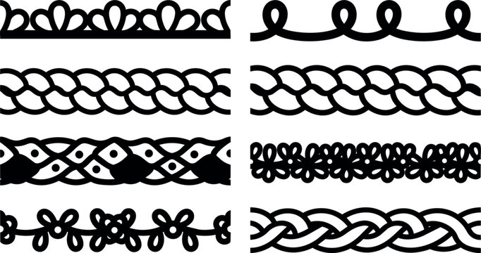 Black and white intricate ornamental borders and braid line art vector