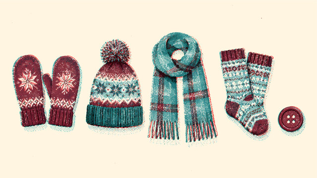 Cozy knitting and sewing illustration set with yarn balls, knitting needles, handmade swatch, button card, and thimble in vintage risograph texture