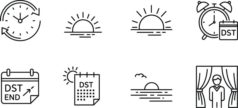 Daylight saving time ends seasonal event outline icon set with fall back clocks and calendar elements