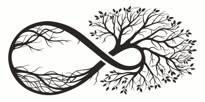 Infinity symbol shaped like a tree with roots and leaves infinity illustration abstract continuous botanical connected evolution strength