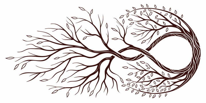 Infinity symbol created from detailed tree branches and leaves with infinity branches eternity conceptual interconnected botanical continuous