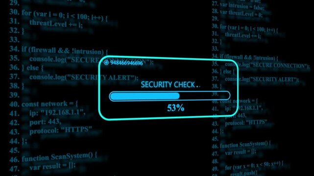 Glowing blue progress bar with the text securitycheck displayed on a dark screen filled with lines of computer programming code and software
