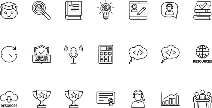 Vector line icon set of AI digital schooling smart educational tools homework solver programming assignments student support verified answers and electronic learning dashboard widgets
