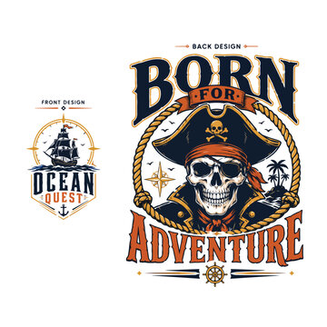  large pirate captain skull with rope frame, bold serif typography &ldquo;Born for Adventure&rdquo;, flat navy orange gold palette
